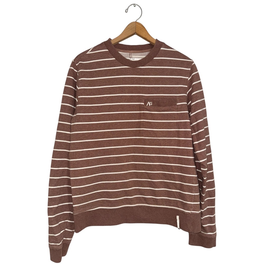 Analog Mens Brown White Striped Crew Neck Sweatshirt‎ AG Logo Pocket Medium